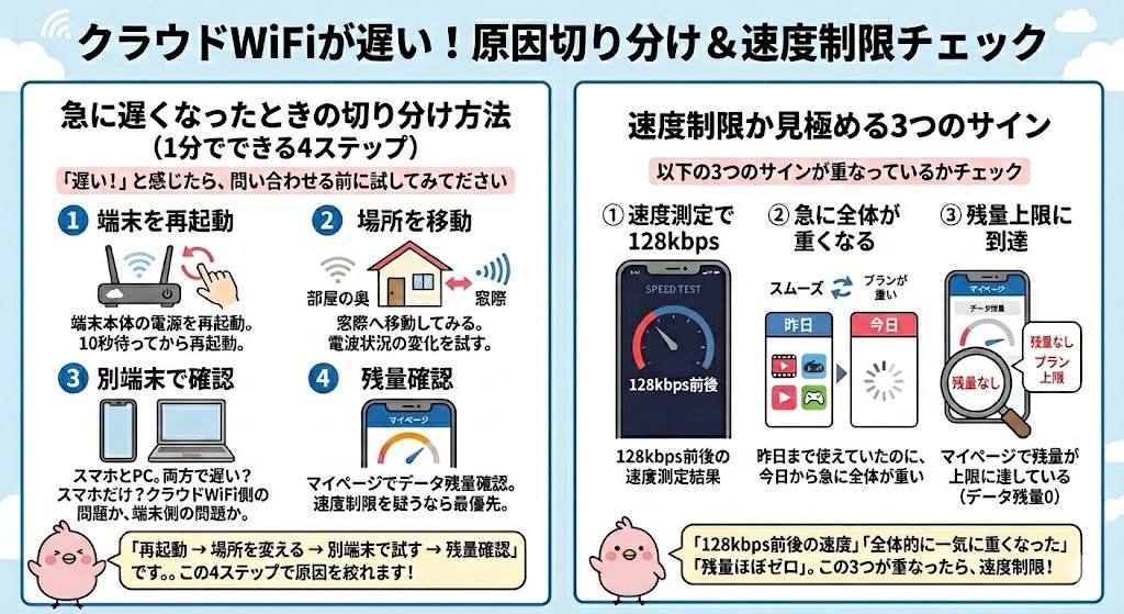まず1分で確認したい。クラウドWiFiが急に遅くなったときの切り分け方法