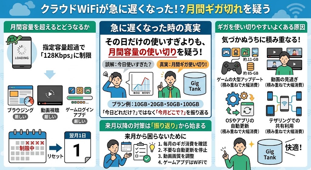 なぜ急に遅くなるのか。まずは月間ギガ切れを疑いたい