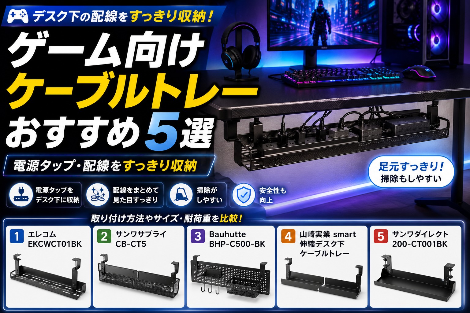 ゲーム向けケーブルトレーおすすめ5選｜デスク下の電源タップ・配線をすっきり収納