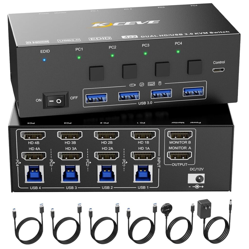 ⑤ KCEVE HDMI 2.1 KVMスイッチ 4入力2出力｜4台×2画面の大規模環境向け
