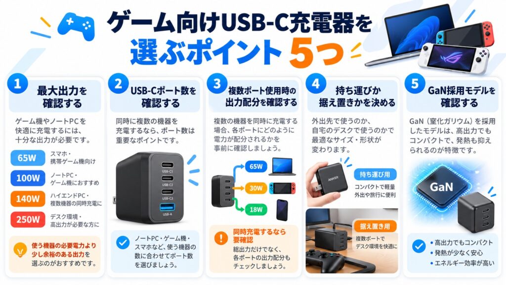 ゲーム向けUSB-C充電器を選ぶポイント