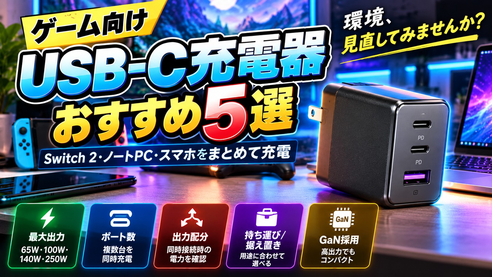 ゲーム向けUSB-C充電器おすすめ5選|Switch 2・ノートPC・スマホをまとめて充電